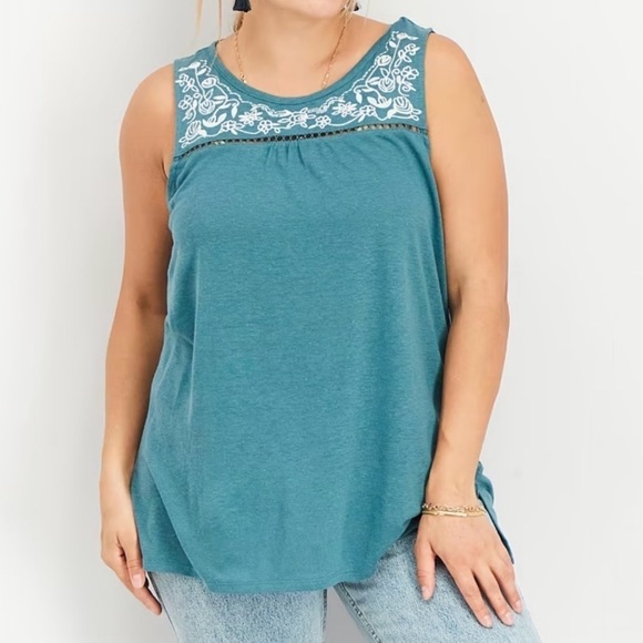 NWT StitchFix Market & Spruce Linen Blend Embroidered Round Neck Tank Top - Picture 1 of 4